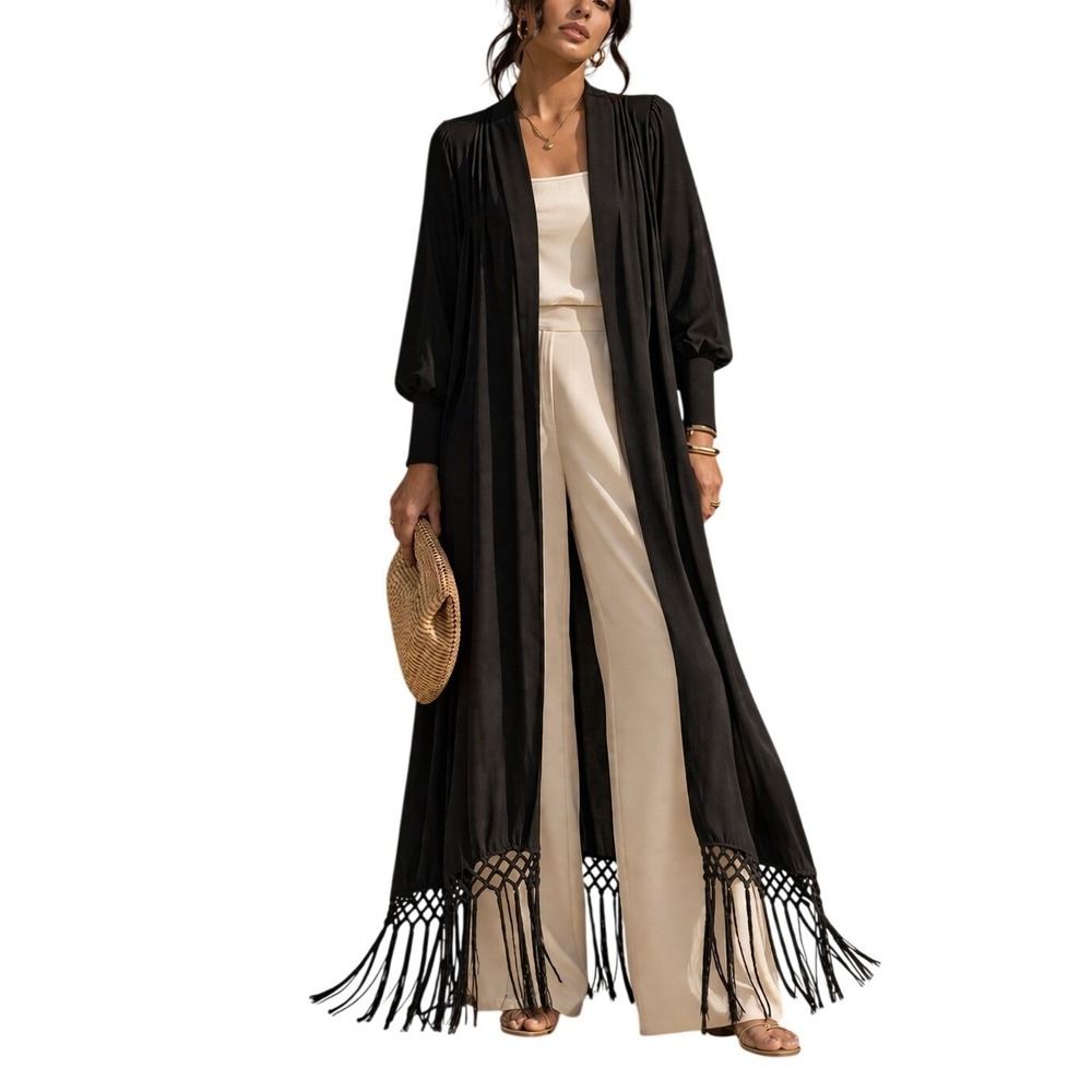 Missguided Black Boho Whimsigoth Puff Sleeve Tassel Witchy Duster Cardigan 8 NEW